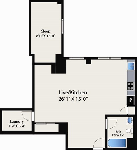 A floor plan of a room with a sleeping area, a laundry area, a bathroom, and a live/kitchen area.